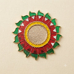 Colourful Sun Flower Rakhi Base – Glitter Enamel Style Round Motif with Triangle Mirrors (Craft Component)