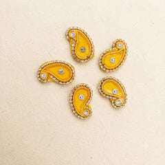 Yellow Paisley Motif Pack of 5 – Handmade Gold Bead & Stone Border Kairi Applique for Rakhi, Haldi & Craft