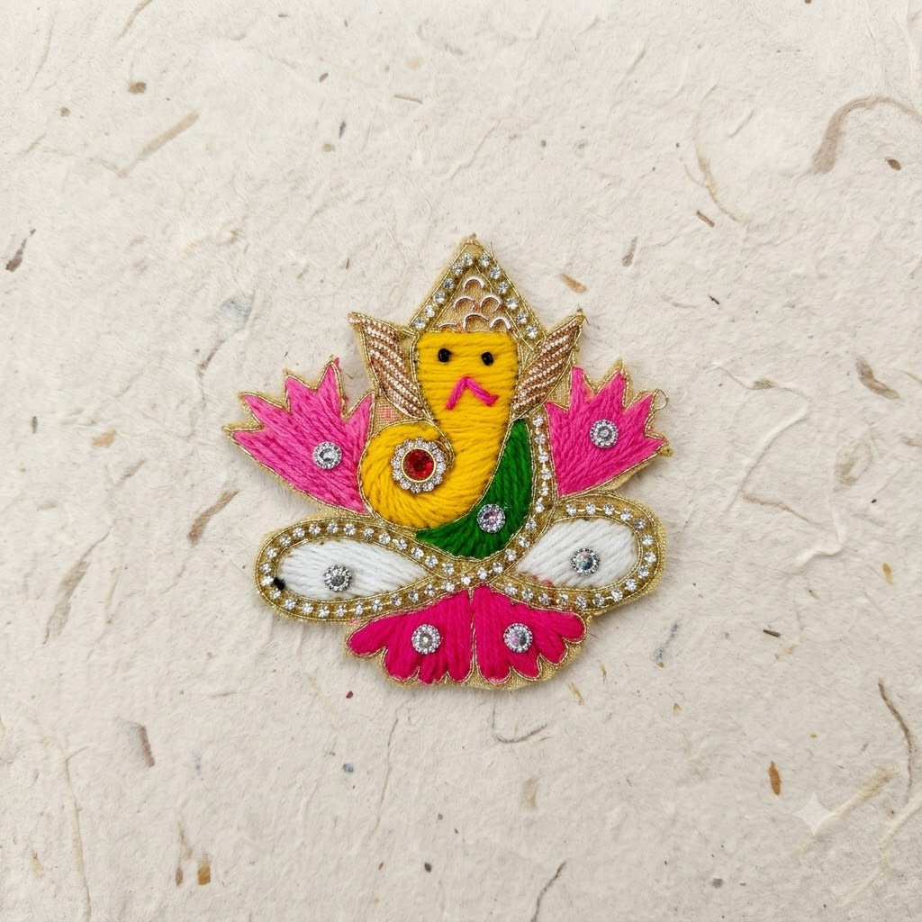 Ganesha Patch – Handmade Thread Work Ganpati Applique with Stones & Zari Edge for Rakhi, Pooja & Craft