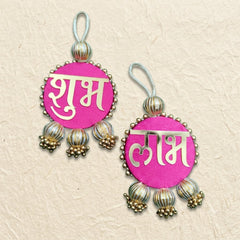 Shubh Labh Hanging Set of 2 – Handmade Pink & Gold Door Hanging with Ghungroo Tassels for Diwali, Pooja & Griha Pravesh