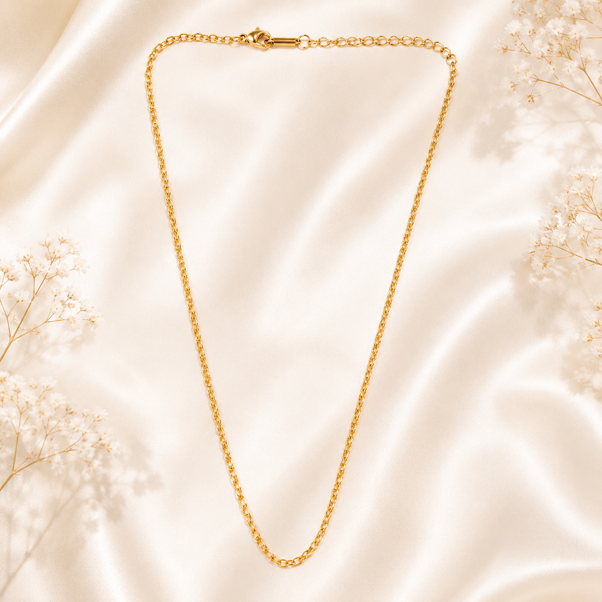 Anti Tarnish plain gold chain necklace for women minimalist jewelry on bright white luxury background