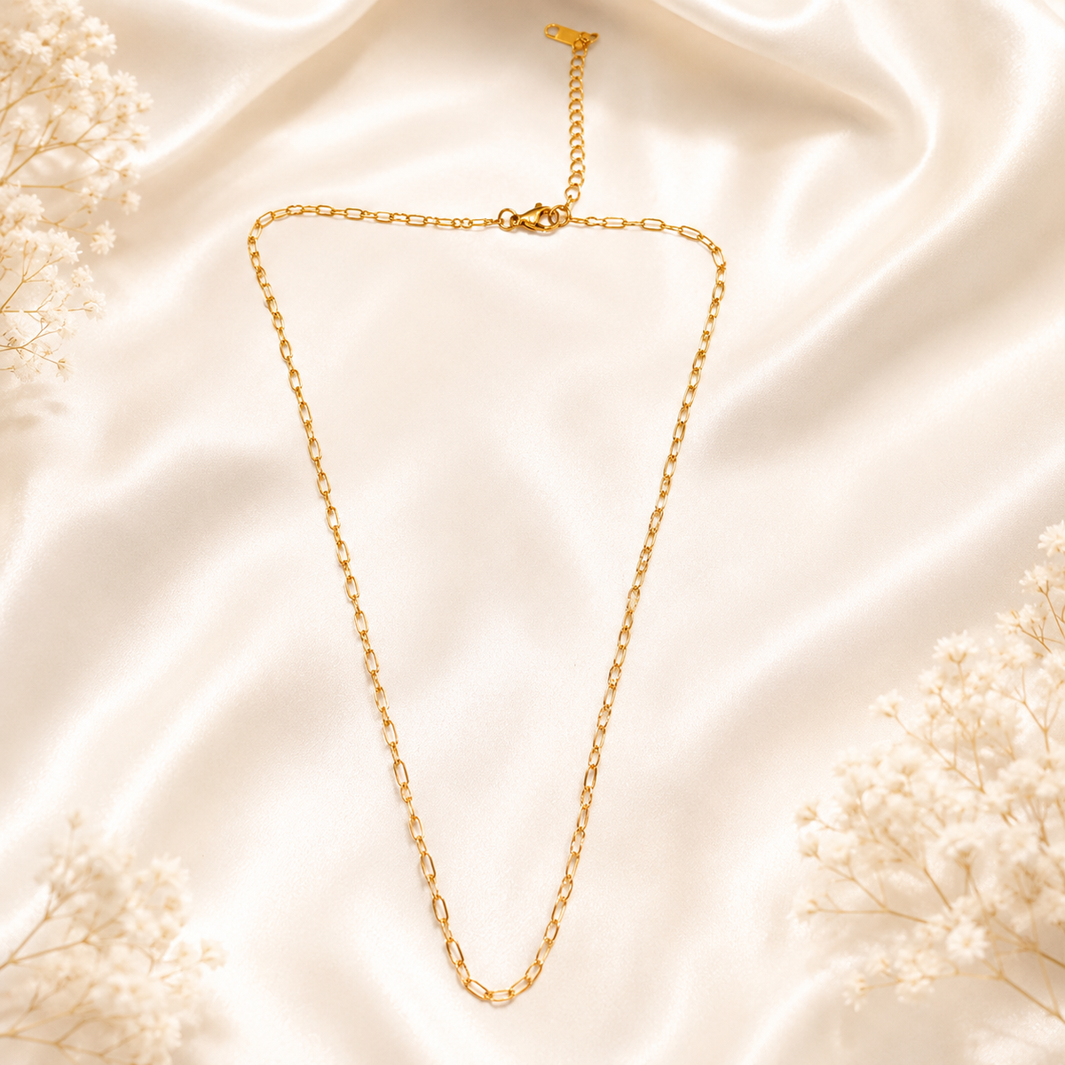 Anti Tarnish plain gold chain necklace for women minimalist jewelry on bright white luxury background