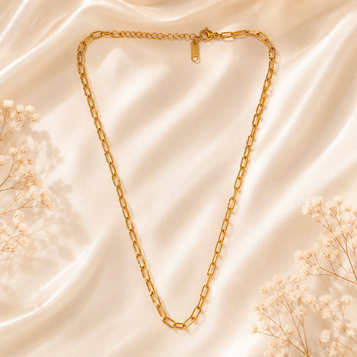 Anti Tarnish plain gold chain necklace for women minimalist jewelry on bright white luxury background