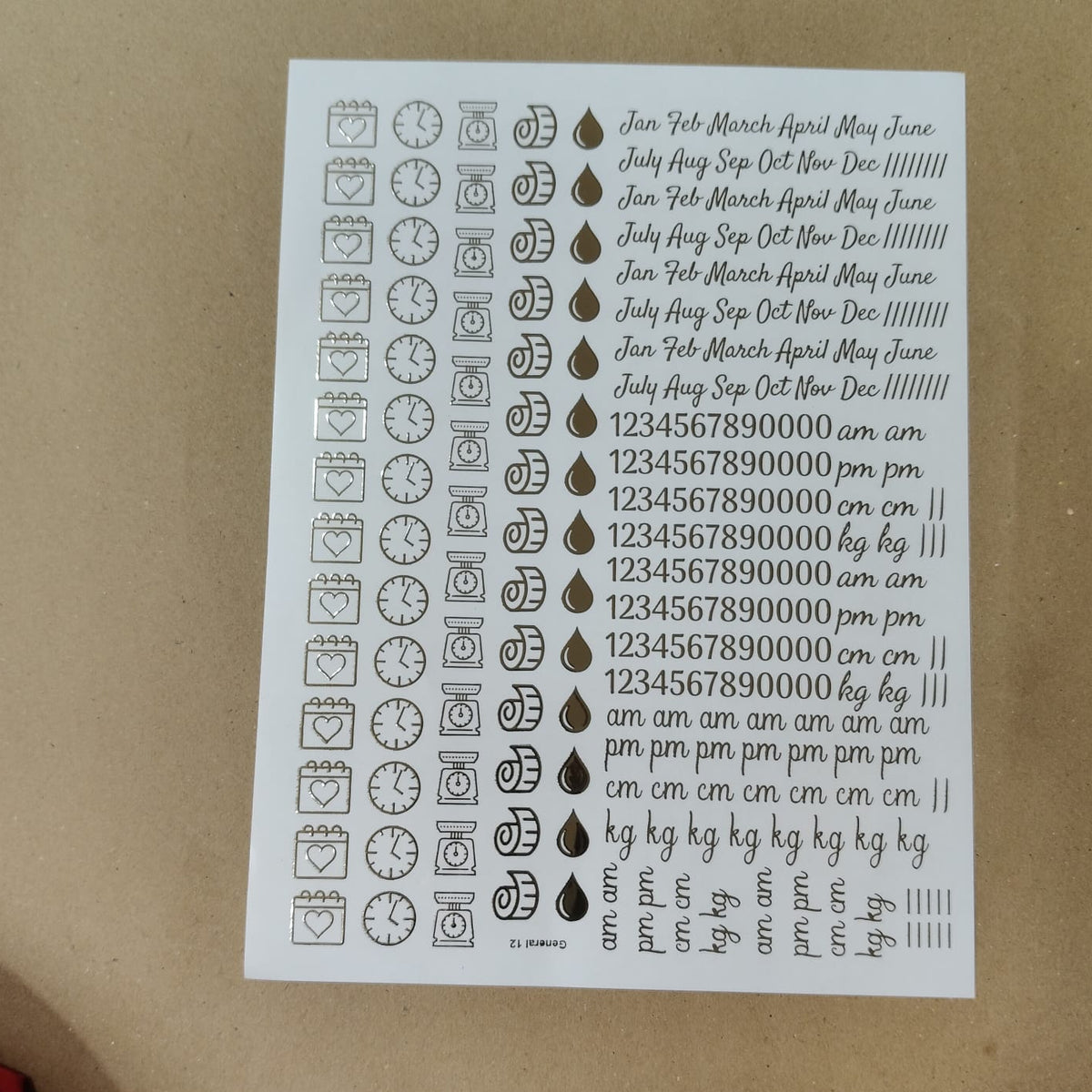 Baby birth details embossed sticker sheet A4 (geb -009)