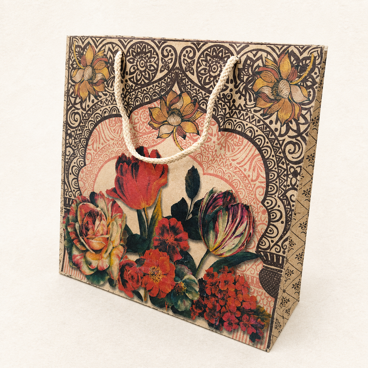Vintage Floral Kraft Paper Bag with Mandala Arch & Cotton Rope Handle 22 x 22 inch | Square Gift Bag for Hampers, Sarees, Wedding & Festive Gifting