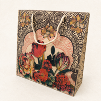 Vintage Floral Kraft Paper Bag with Mandala Arch & Cotton Rope Handle 22 x 22 inch | Square Gift Bag for Hampers, Sarees, Wedding & Festive Gifting