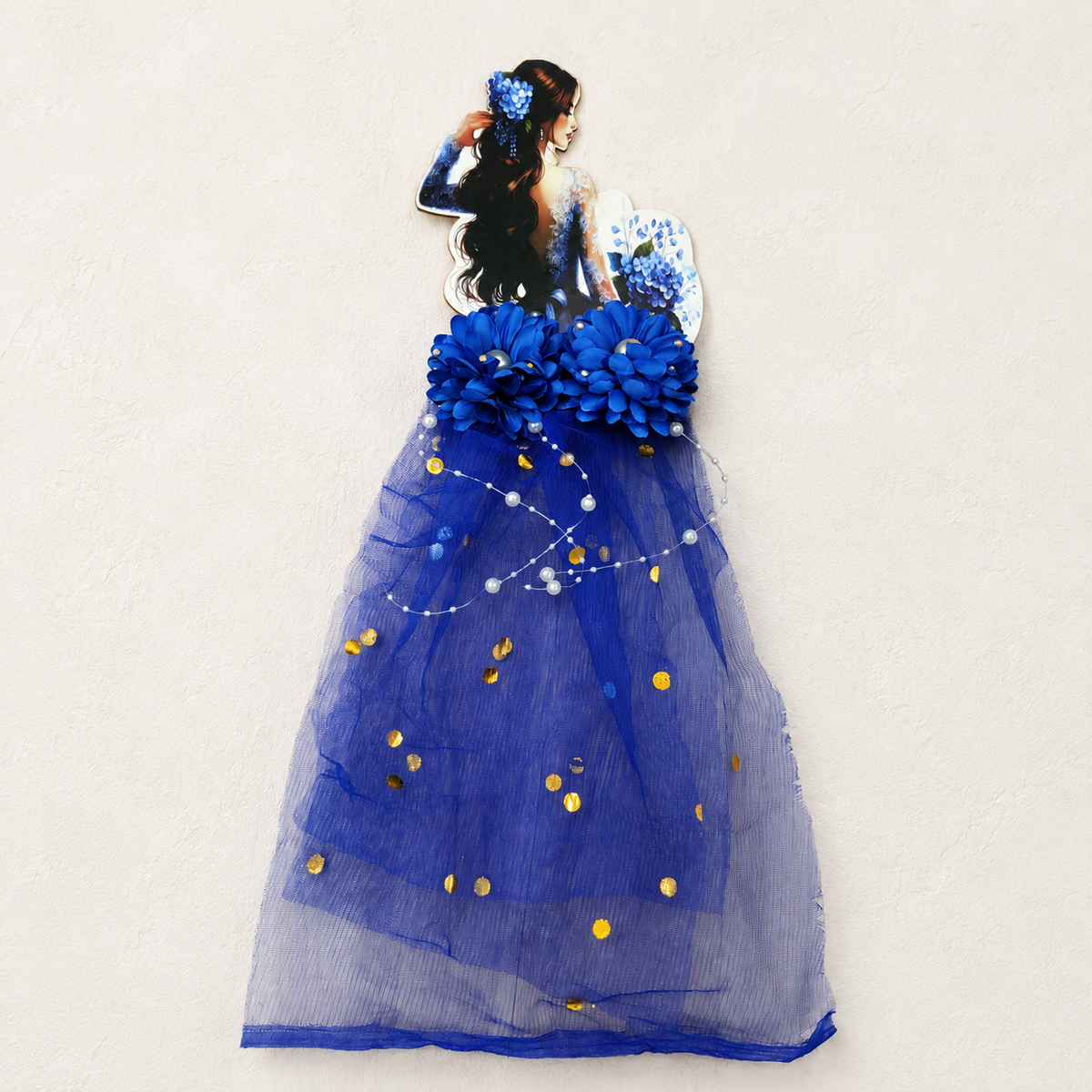 Royal Blue Doll Cut-Out with Hydrangea Bouquet, Petal Flowers & Net Skirt | Saree Packing Doll for Trousseau, Wedding Gifting & Shagun Tray Decoration