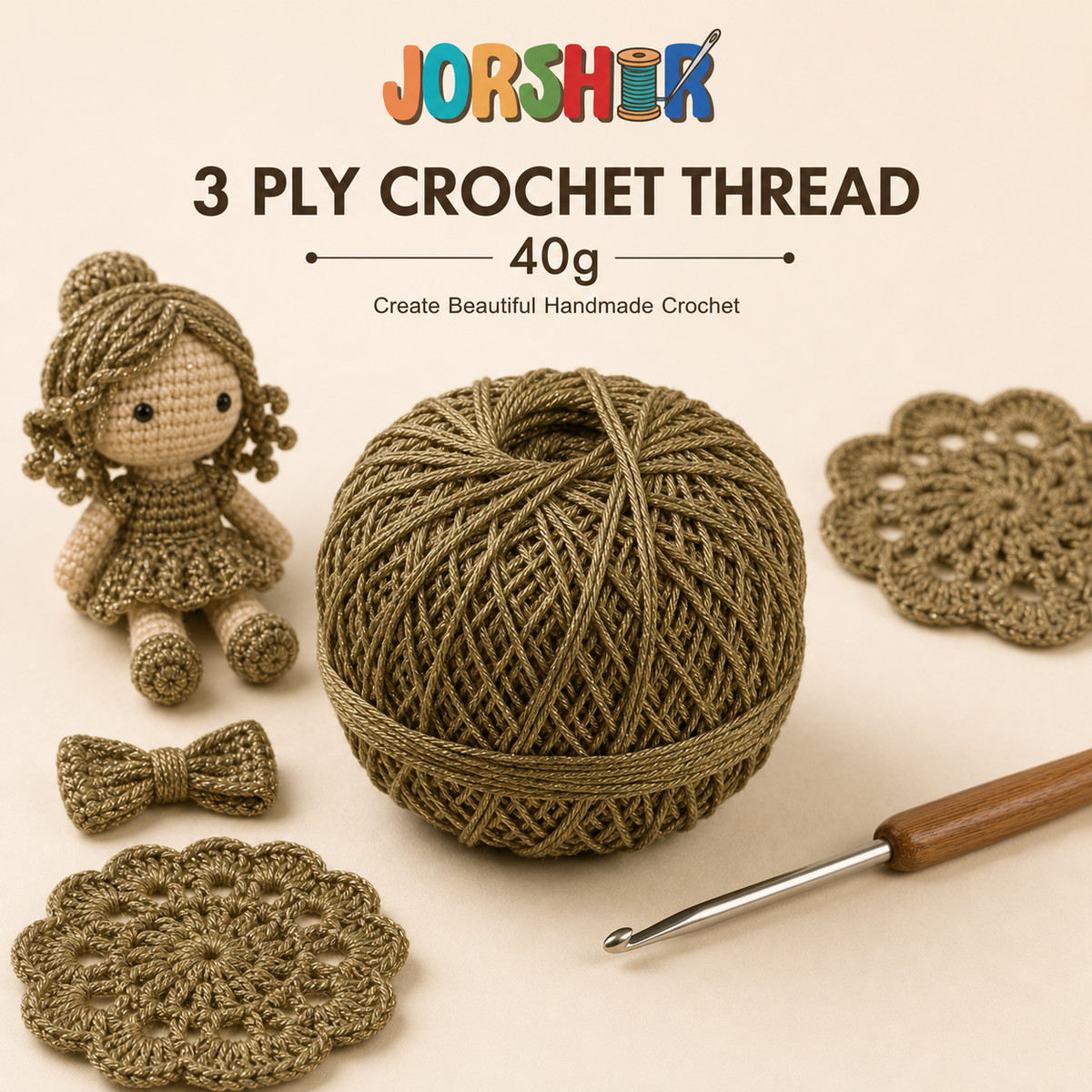 3 Ply Crochet Thread 40g ( Dark Beige Glitter Colour )