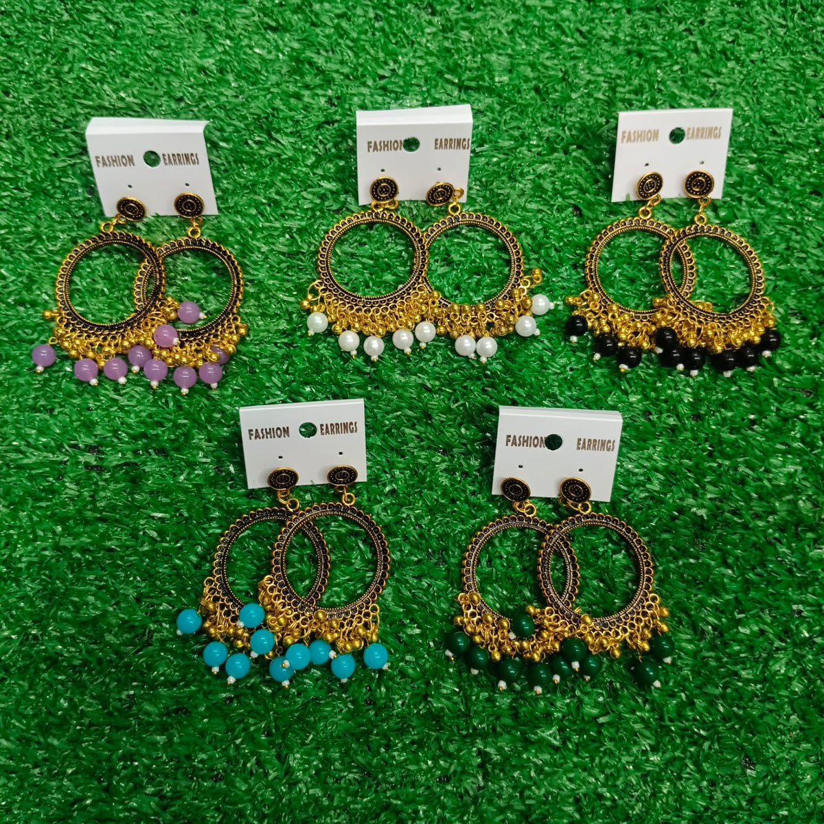 Golden Round Shape Jhumka Resin Earrings With Beads (any one)