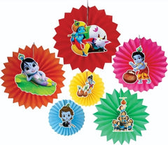 Krishna theme paper fans decoration set for Janmashtami and birthday party backdrop décor