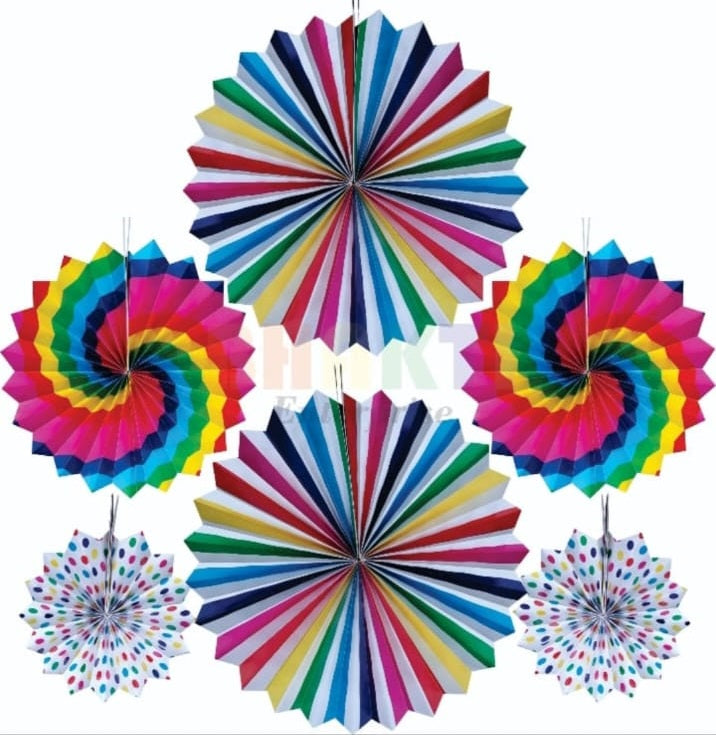 Rainbow theme paper fans decoration set for birthday party and colorful backdrop décor