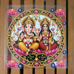 6 inch Lord Ganesha & Goddess Lakshmi UV DTF Transfer Sticker | Sacred Diwali Pooja Thali Decal with Mantras & Lotuses