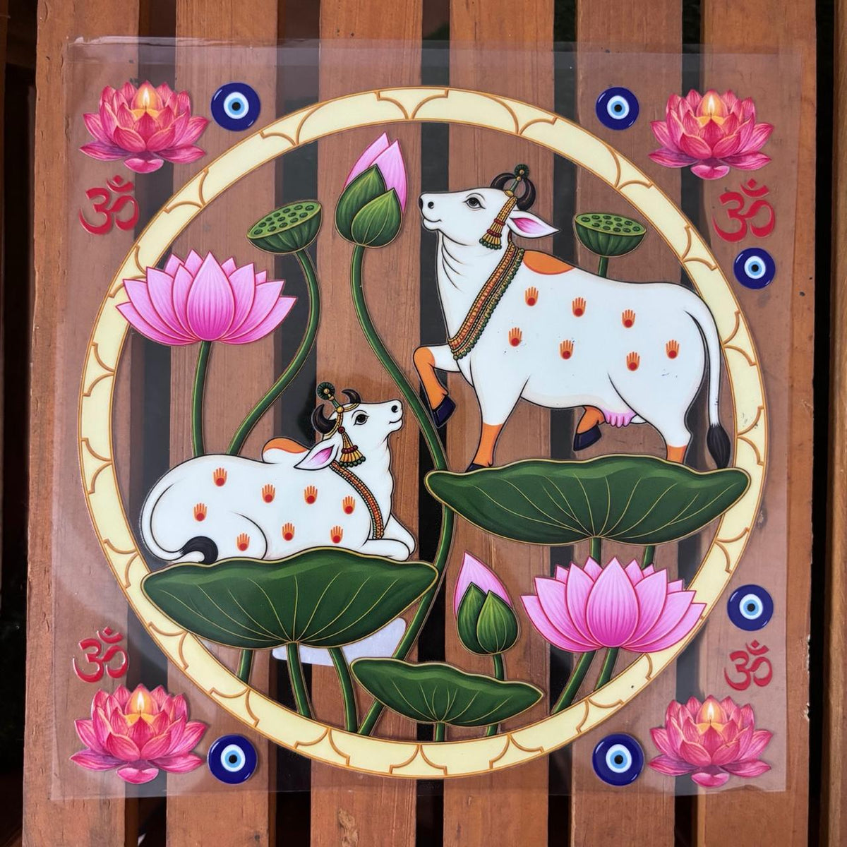 8 inch Sacred White Cow & Lotus Pichwai Art UV DTF Transfer Sticker | Kamadhenu Pooja Thali Decal with Om & Evil Eye