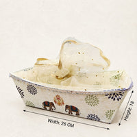 Cream Elephant Print Boat Shape Gift Tray with Net Cover | Wedding Trousseau, Diwali & Festive Hamper Basket (26 cm)