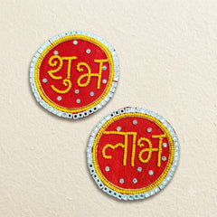Shubh Labh Patch Set of 2 – Handmade Beaded Red & Yellow Applique with Mirror Border for Diwali, Pooja & Door Decor