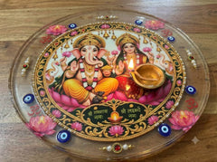 6 inch Lord Ganesha & Goddess Lakshmi UV DTF Transfer Sticker | Sacred Diwali Pooja Thali Decal with Mantras & Lotuses