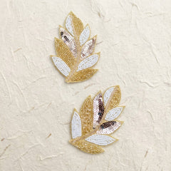 Gold Leaf Branch Patch Set of 2 – Handmade Bugle Bead & Sequin Applique for Bridal Wear, Dupatta & Craft