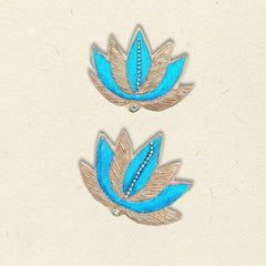 Turquoise Zardozi Lotus Patch Set of 2 – Handmade Gold Bead & Thread Work Applique for Dupatta, Blouse & Craft