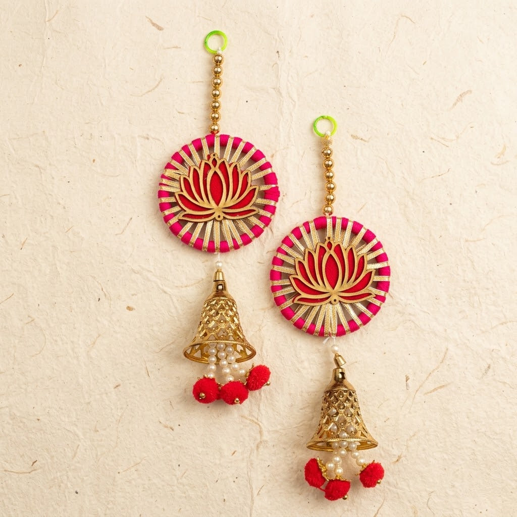 Red Lotus Gota Door Hanging Set of 2 – Handmade Red & Gold Bell Latkan for Diwali, Pooja & Wedding Decor