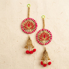 Red Lotus Gota Door Hanging Set of 2 – Handmade Red & Gold Bell Latkan for Diwali, Pooja & Wedding Decor