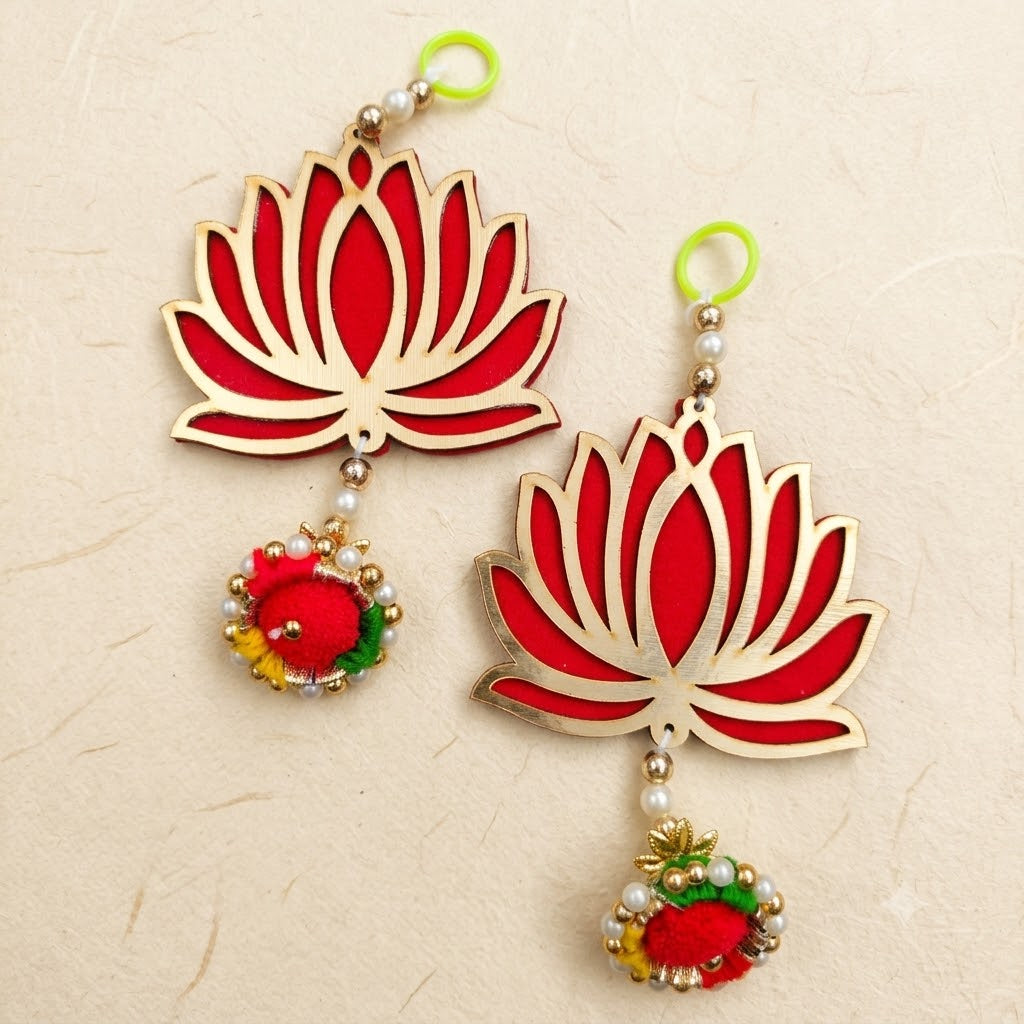 Wooden Lotus Hanging Set of 2 – Red Laser Cut Lotus Latkan with Pom-Pom Charm for Diwali, Pooja & Door Decor