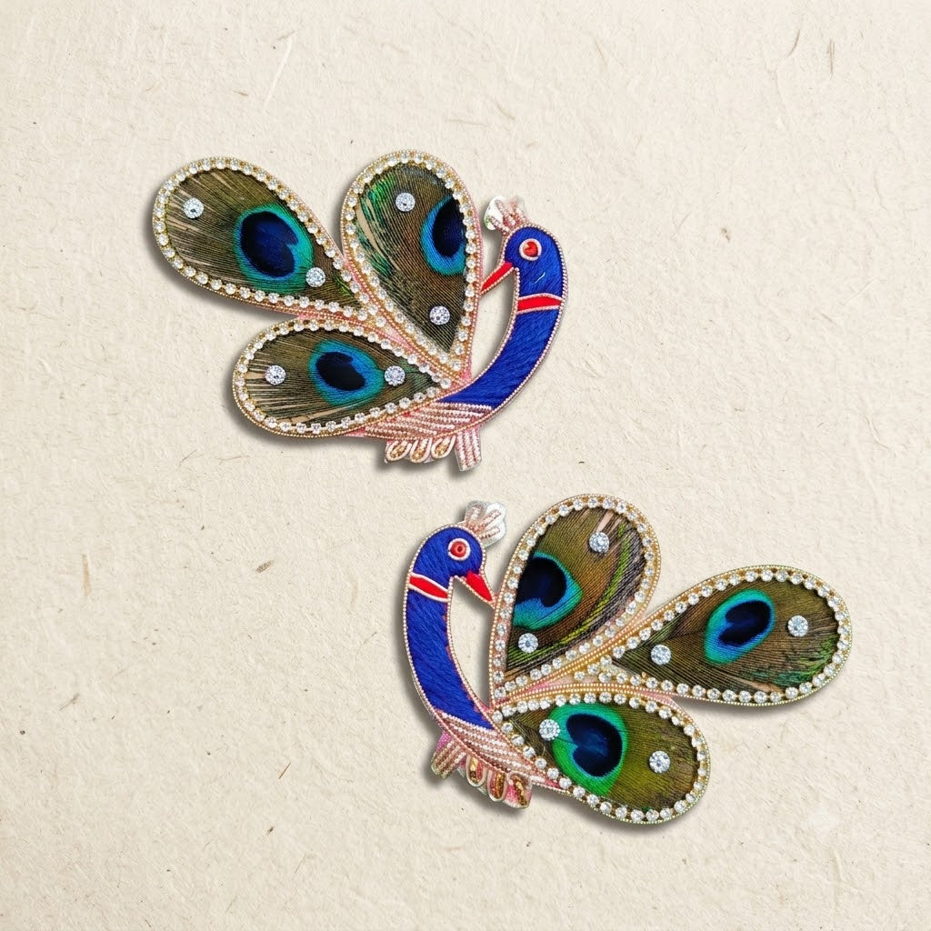Peacock Patch Pair – Handmade Blue Thread Work Mor Applique with Feather Eye Tail and Stone Border (Set of 2)