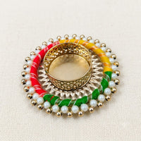 Festive Tealight Candle Holder with Gold Cup – Red, Yellow & Green Thread Work Diya Base