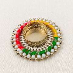 Festive Tealight Candle Holder with Gold Cup – Red, Yellow & Green Thread Work Diya Base