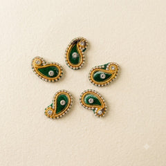 Green Velvet Paisley Motif Pack of 5 – Handmade Gold Bead & Stone Border Kairi Applique for Rakhi, Craft & Decor
