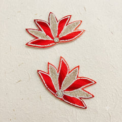 Red Beaded Lotus Patch Set of 2 – Handmade Pearl & Zari Embroidered Applique for Dupatta, Blouse & Craft