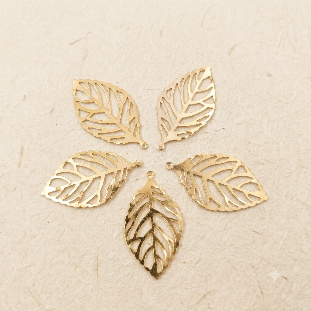 Gold Filigree Leaf Charm Pack of 5 – Cut-Out Leaf Pendant with Hole for Earrings & Jewellery Making