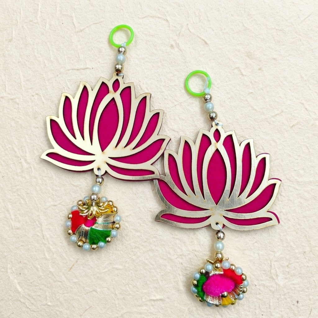 Pink Wooden Lotus Hanging Set of 2 – Laser Cut Lotus Latkan with Pom-Pom Charm for Diwali, Pooja & Door Decor