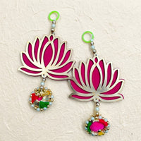 Pink Wooden Lotus Hanging Set of 2 – Laser Cut Lotus Latkan with Pom-Pom Charm for Diwali, Pooja & Door Decor