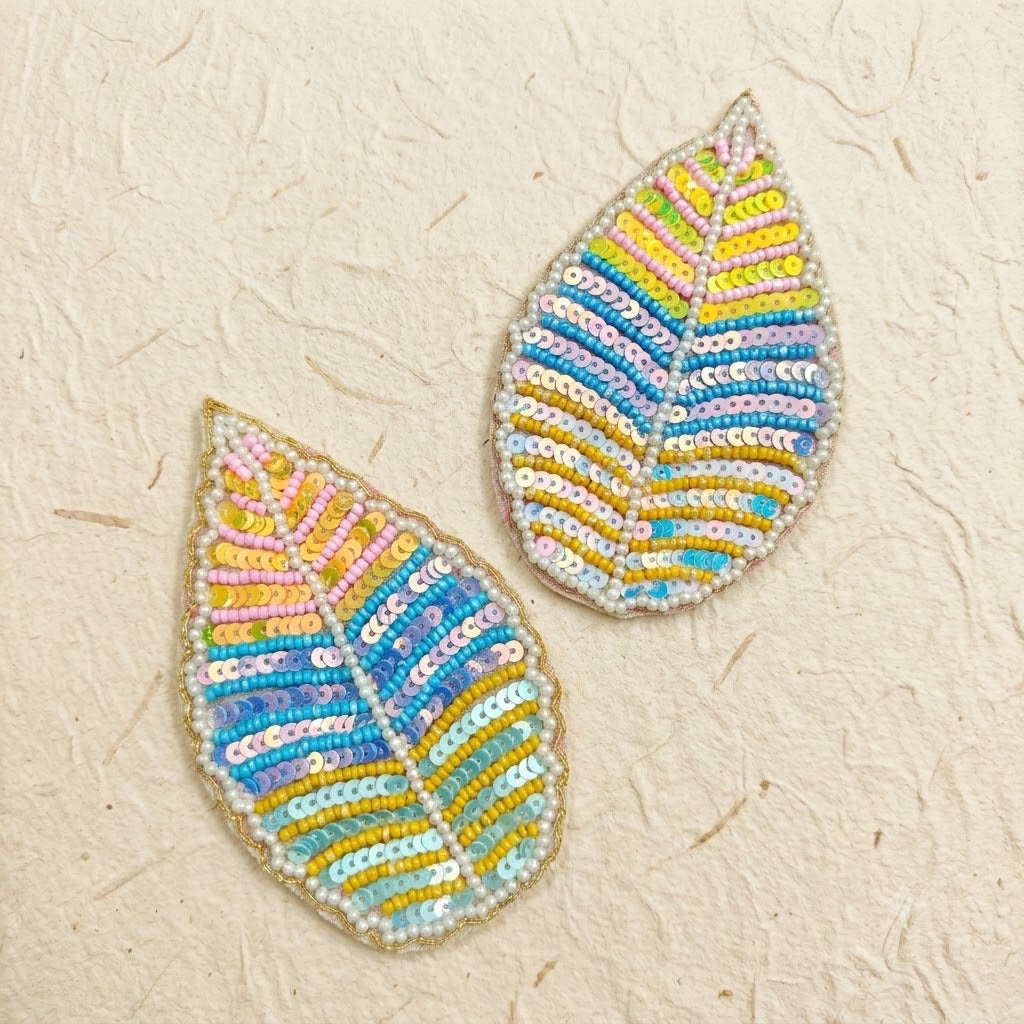 Pastel Sequin Leaf Patch Set of 2 – Handmade Beaded Applique with Pearl Border for Dupatta, Blouse & Craft