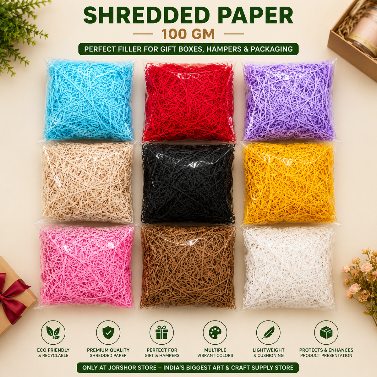 Shredded Paper Filler 100 GM for Gift Boxes, Hampers & Packaging (single color)