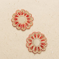 Red Mirror Flower Patch Set of 2 – Handmade Pearl Beaded Applique with Red Thread Work for Dupatta, Blouse & Craft