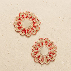 Red Mirror Flower Patch Set of 2 – Handmade Pearl Beaded Applique with Red Thread Work for Dupatta, Blouse & Craft