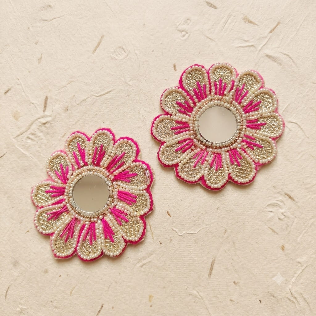 Mirror Flower Patch Set of 2 – Handmade Pearl Beaded Applique with Pink Thread Work for Dupatta, Blouse & Craft
