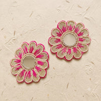 Mirror Flower Patch Set of 2 – Handmade Pearl Beaded Applique with Pink Thread Work for Dupatta, Blouse & Craft