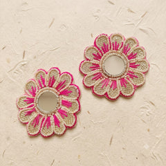 Mirror Flower Patch Set of 2 – Handmade Pearl Beaded Applique with Pink Thread Work for Dupatta, Blouse & Craft