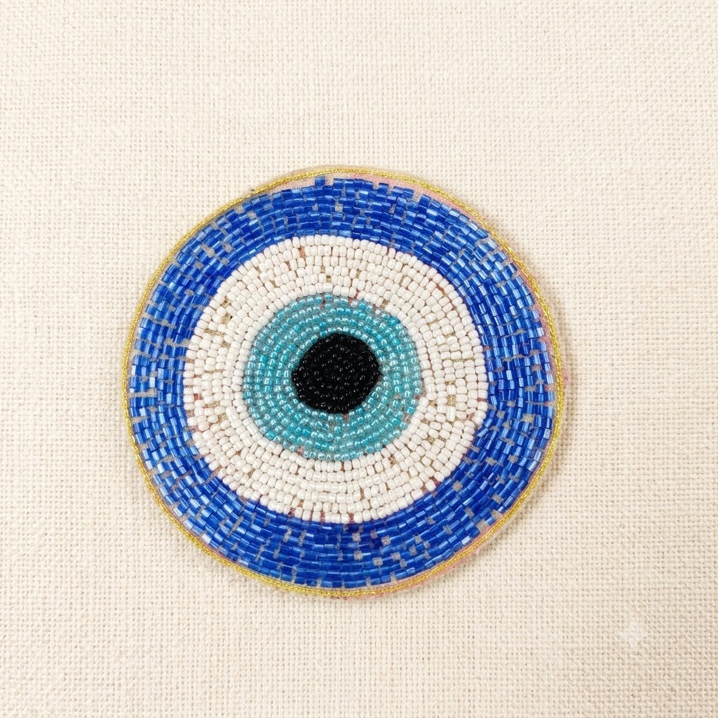 Evil Eye Beaded Patch – Handmade Blue & White Nazar Applique with Gold Edge for Jackets, Bags & Craft
