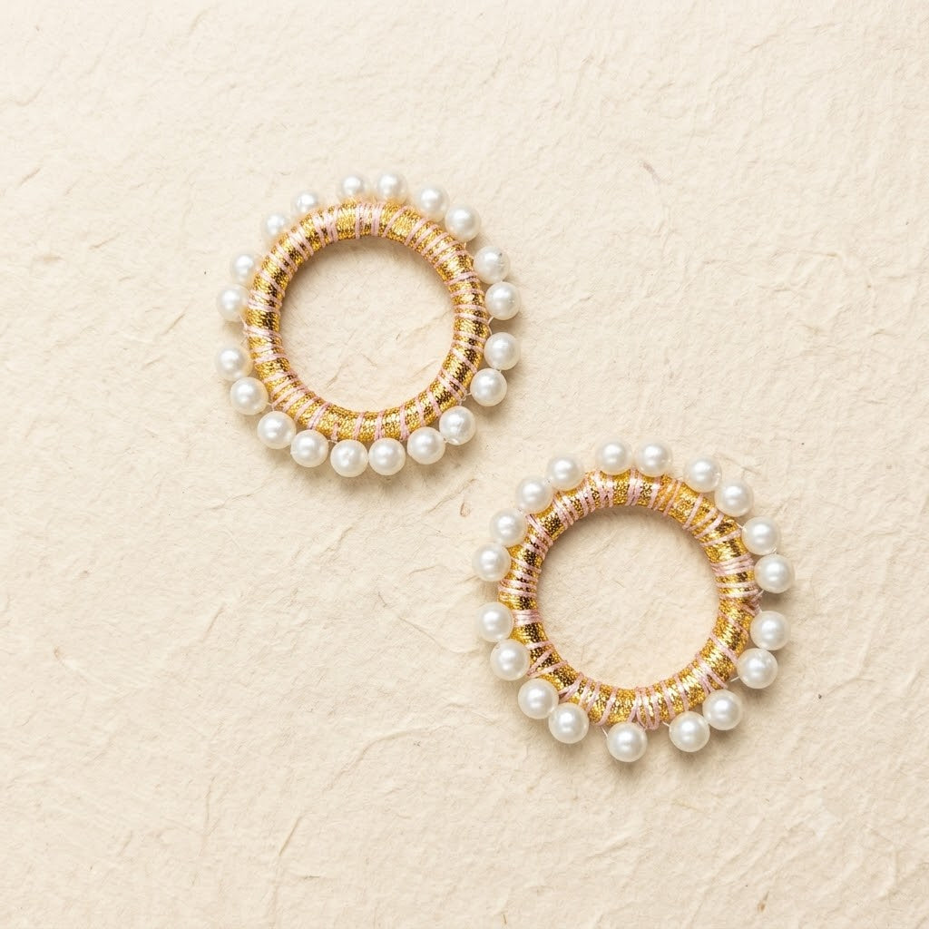 Pearl Thread Wrapped Ring Set of 2 – Handmade Gold Zari Ring with Pearl Border for Jewellery Making