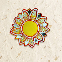 Yellow Mandala Flower Patch – Handmade Beaded Applique with Mirror Work & Pearl Border for Rakhi, Thali & Hamper Decor