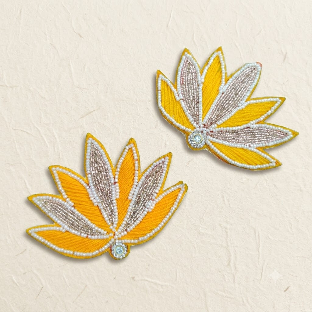 Yellow Beaded Lotus Patch Set of 2 – Handmade Pearl & Zari Embroidered Applique for Dupatta, Blouse & Craft