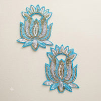 Sky Blue Lotus Patch Set of 2 – Handmade Sequin & Bead Applique with Stone Chain for Dupatta, Lehenga & Craft