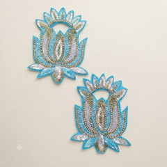 Sky Blue Lotus Patch Set of 2 – Handmade Sequin & Bead Applique with Stone Chain for Dupatta, Lehenga & Craft